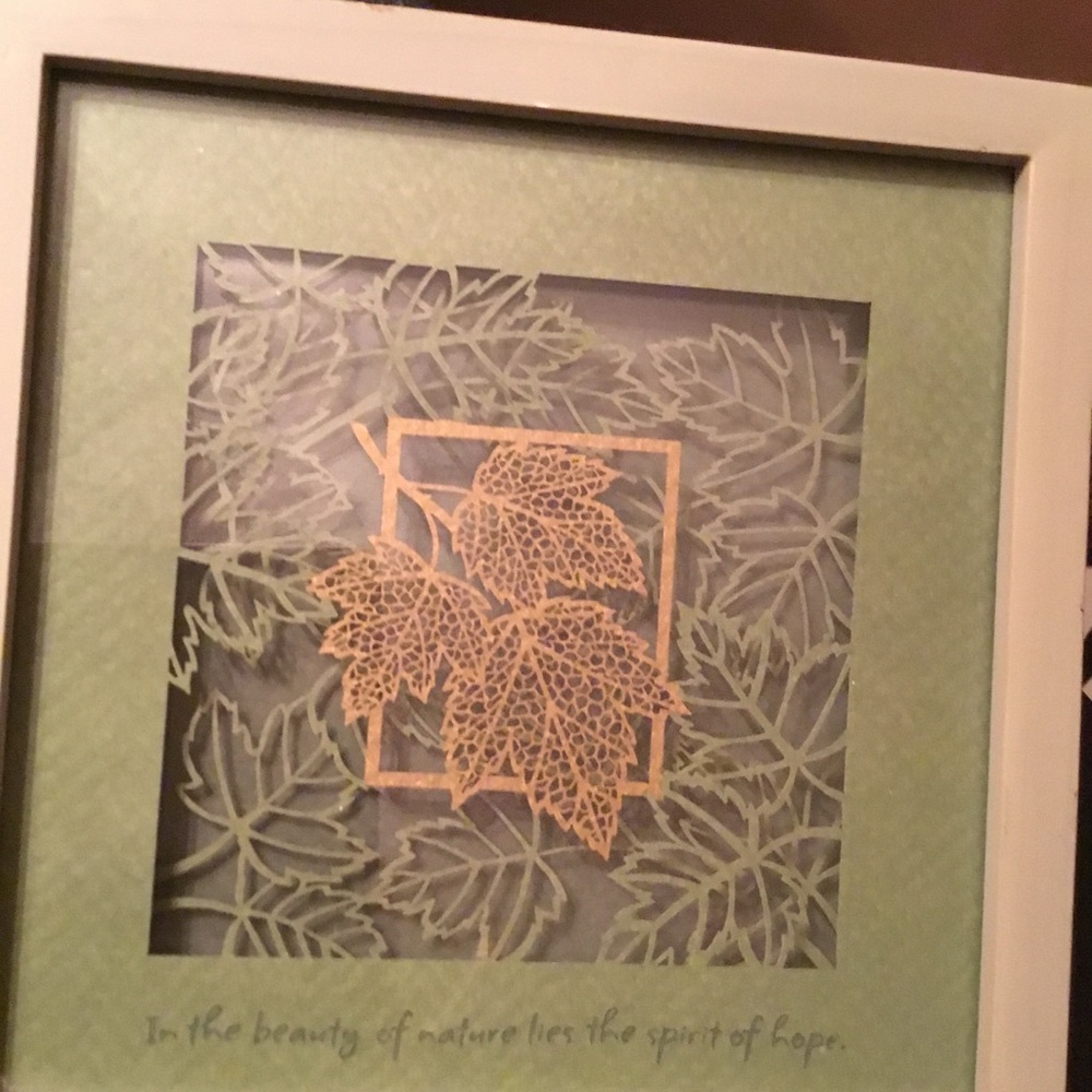 Inspirational Wall Decor / Shades of Green and Gold / Leaf Inlaid Design / Glass